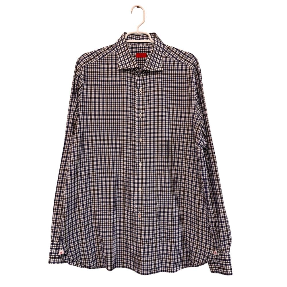 Isaia Napoli men's long-sleeve plaid check dress shirt cotton ITALY Size 44/17.5